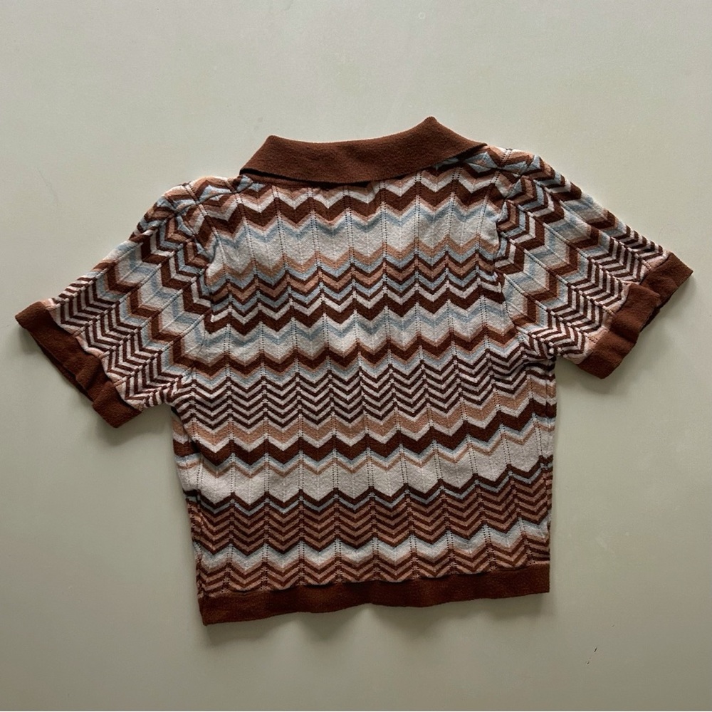 Princess Polly Brown Zigzag Knit Polo Top Cropped Short Sleeve Sweater Size S/M - Picture 3 of 7